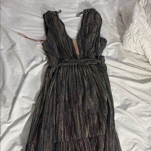 Women's V-Neck Metallic Black Multi-Stripe Evening Dress